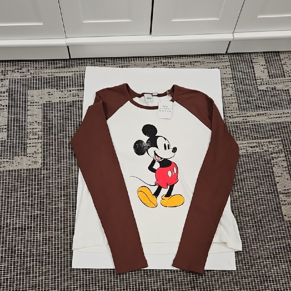 Disney Brown and Off White Mickey Mouse Long Sleeve Shirt